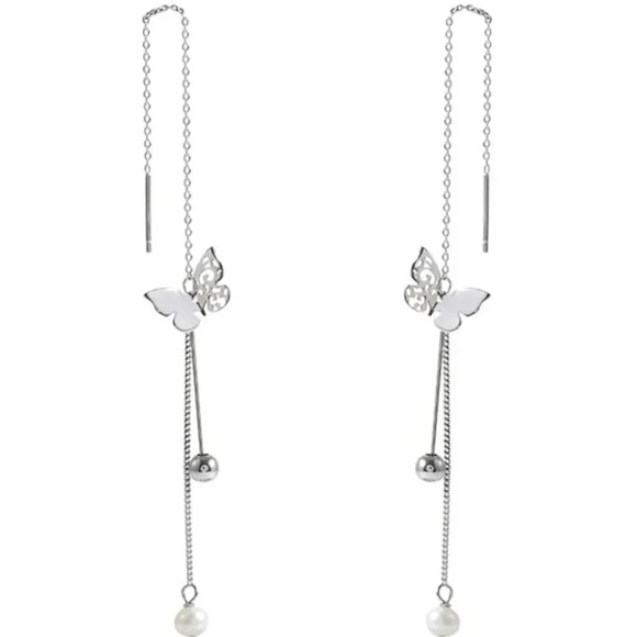 925 Silver Butterfly & Pearl Threader Earrings Long Dangle Tassel Drop Earrings - Picture 6 of 7